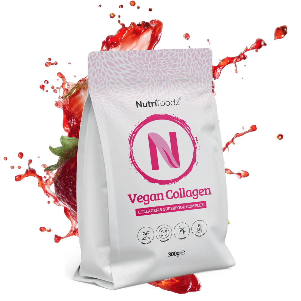 Zak Nutrifoodz Vegan Collagen met een spatten van aardbeiensap