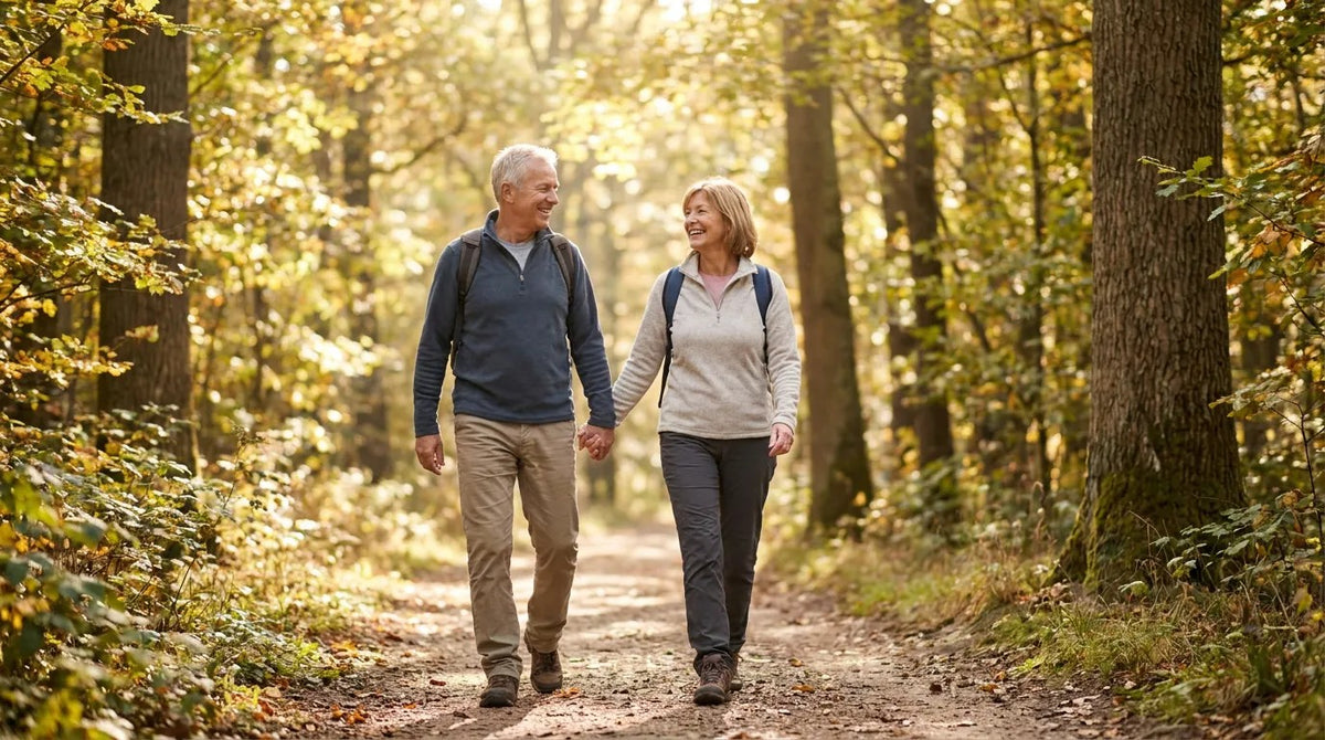 Couple over fifty walks hand in hand through a sunny forest