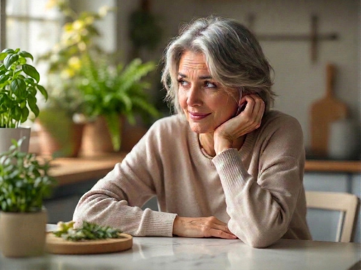 Woman at the kitchen table, thinking about what suits her
